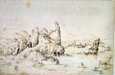 Um castelo em uma rocha em Mountainscape, 1540. de Gherado Cibo