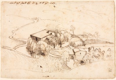 Fazenda com árvores em uma paisagem montanhosa, 1567. de Gherado Cibo