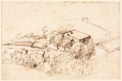Fazenda com árvores em paisagem montanhosa (verso) de Gherardo Cibo