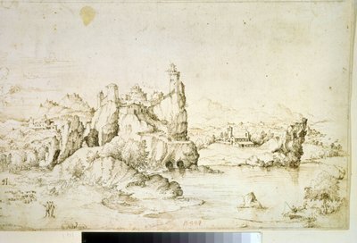 "" Un chateau perche sur une montagne "" (Um castelo em uma rocha na paisagem montanhosa) Desenho em tinta marrom por Gherardo Cibo (1512-1600) 1540 Museu Pushkin, Moscou de Gherardo Cibo