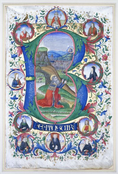 Rei Davi em oração dentro de um "B" inicial muito grande, cercado por dez grandes rodelas, cada uma contendo o retrato de um santo, c.1500 de Gherardo di Giovanni del Fora