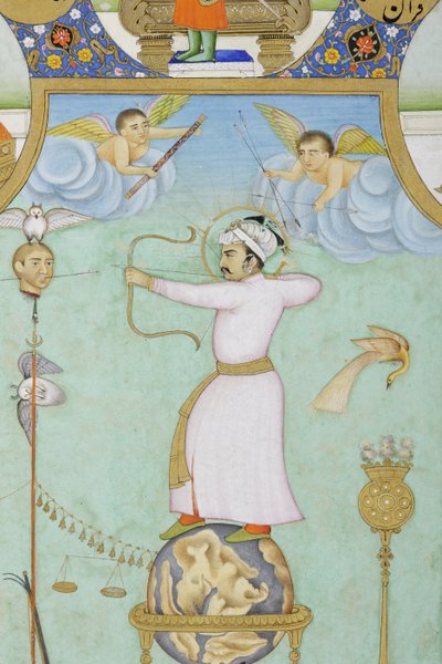 Detalhe do retrato alegórico de Jahangir (aguarela opaca e ouro sobre papel) de Ghulam Ali Khan