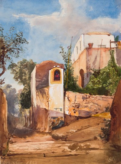 Santuário à beira da estrada, com adições do Príncipe Luigi Maria di Borbone (1838-1886), 13 de junho de 1853 (lápis, wc e guache sobre papel) de Giacinto Gigante
