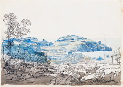 Vista de Ischia (Lacco Ameno), c. 1845 (lápis, caneta e aquarela) de Giacinto Gigante