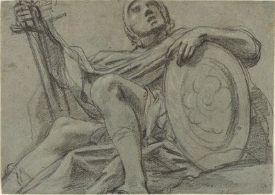 Guerreiro sentado segurando uma espada e um escudo [reto] de Giacomo Cavedone