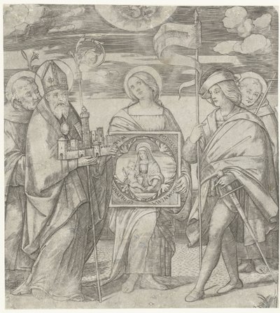 Cinco santos padroeiros de Bolonha com imagem de Maria de Giacomo Francia