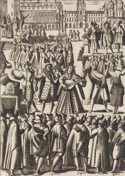 Entretenimento que os charlatães dão todos os dias na Piazza di S. Marco al Populo ..., ca. 1610. de Giacomo Franco