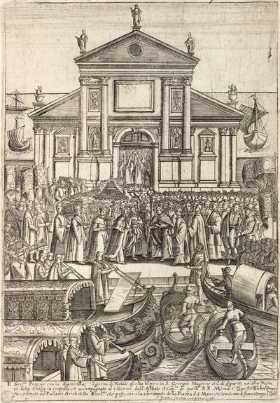 O Doge e a sua comitiva a ouvir a véspera no dia de Natal na Igreja de San Giorgio Maggiore em Veneza de Giacomo Franco