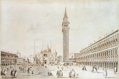 Vista da Piazza San Marco olhando para a Basílica e Campanile (caneta e tinta com lavagem em papel) de Giacomo Guardi