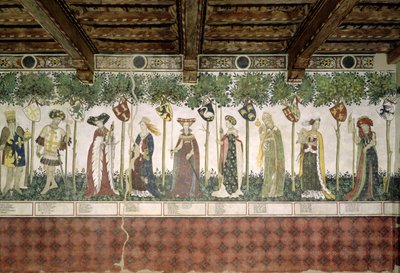 Os nove dignos e as nove mulheres dignas, detalhe de Carlos Magno, Godfrey de Caldo, Delphine, Iynoppe, Hipólito, Menalyppe, Semiramis, Lampeto e Tamyris, 1418-30. de Giacomo Jaquerio