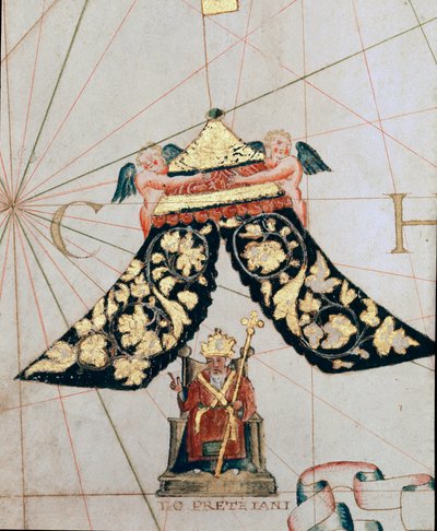 Representação do Sacerdote João, governante de um reino cristão localizado em direção à Etiópia (Detalhe de um mapa do século 16) de Giacomo Maggiolo