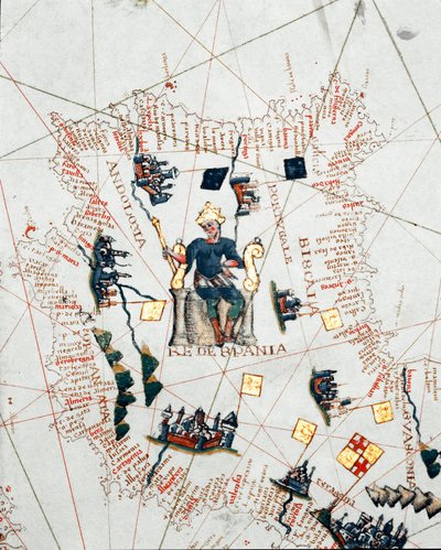 Representação do Rei de Espanha e das costas da Europa e do Norte de África (portulan de Giacomo Maggiolo