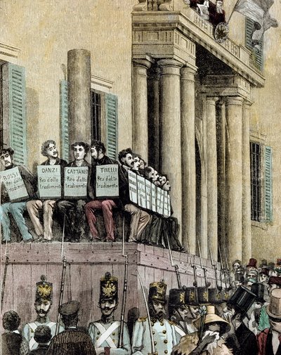 Risorgimento: "membros do movimento Giovine Italia (incluindo Carlo Cattaneo (1801-1869), Tinelli, Danzi, Bussi) sentados em frente ao Palácio da Justiça em Milão, ouvindo a sentença que os condenava ao exílio em 1848" 1884 Litografia de Manteg de Giacomo Mantegazza
