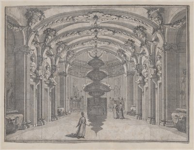 Cena teatral em grande salão com teto abobadado e escultura central, ..., ca. 1687-1717. de Giacomo Maria Giovannini