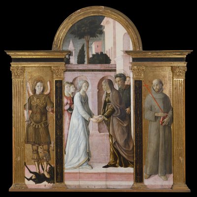 Tríptico: A Visitação, entre São Miguel e São Francisco (pintura sobre madeira) de Giacomo Pacchiarotti