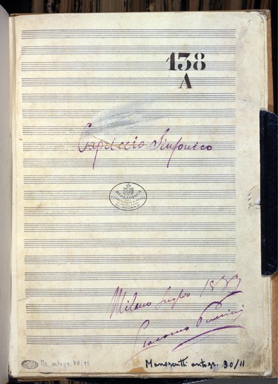 Manuscrito de "Cappriccio sinfonico" do compositor Giacomo Puccini (1858-1924) 1883. Biblioteca do Conservatório Giuseppe Verdi, Milão de Giacomo Puccini