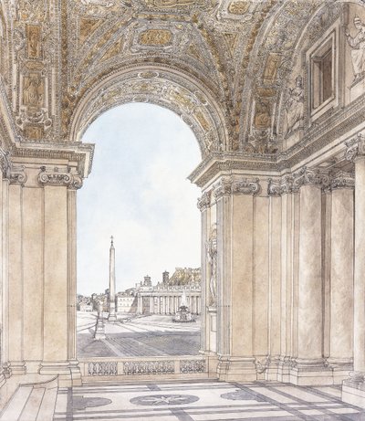 Vista da Piazza San Pietro, em Roma, voltada para o sul a partir do Pórtico da Basílica, antes de 1779 de Giacomo Quarenghi