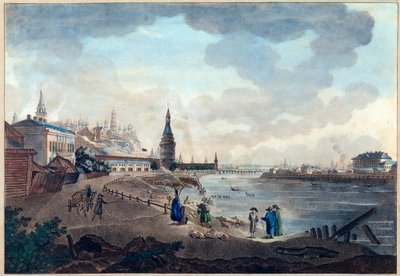 Vista do Kremlin de Moscou tirada da ponte de pedra sobre o Moscovo (Moskva ou Moskwa). Obra de Giacomo Antonio Domenico Quarenghi (1744-1817), aquarela e tinta sobre papel, por volta de 1790. Arte italiana de Giacomo Quarenghi
