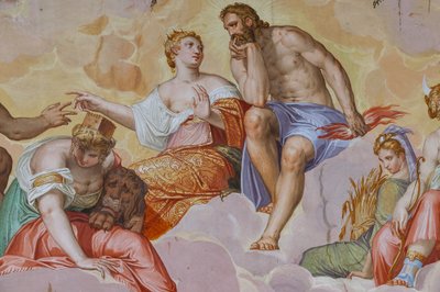 Juno, Júpiter, Cibele deitada nas nuvens, acima de ruínas arquitetônicas, detalhe da Sala do Olimpo, c.1557 (fresco) de Giambattista Zelotti