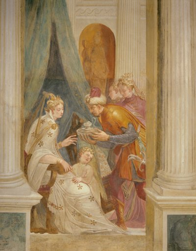 Parede da direita representando Sophonisba com o seu filho a receber o próximo pote de veneno (fresco) de Giambattista (1526 78) Zelotti