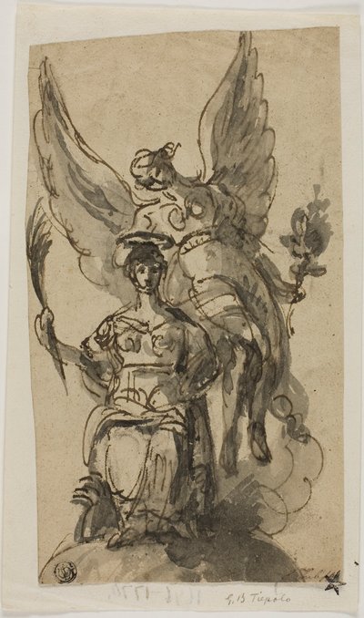 Mulher sentada coroada por anjo de Giambattista Tiepolo