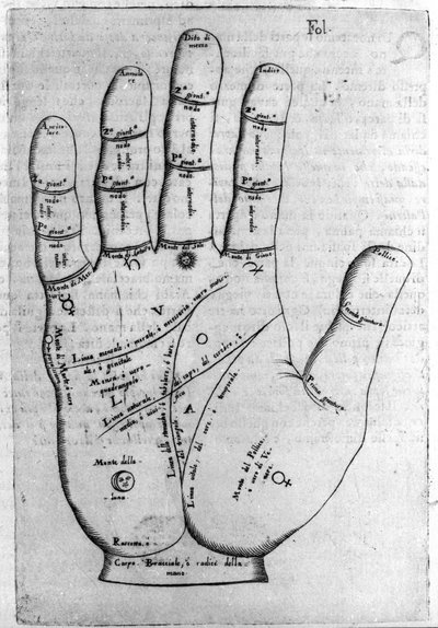 Chiromancia e predição divinatória: representação das diferentes linhas da mão permitindo a interpretação do personalite. Gravura de "De magia" de Giambattista della Porta (1537? -1615) 1589 de Giambattista della Porta