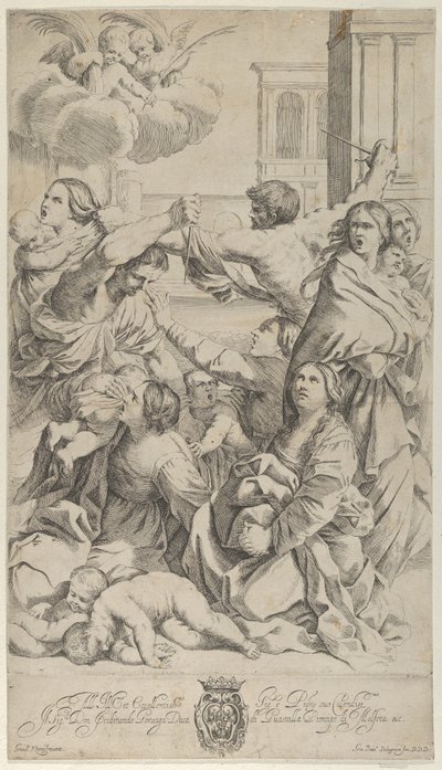 Massacre dos Inocentes, grupo de mulheres e crianças sendo atacados, dois anjos a..., ca. 1640-70. de Gian Battista Bolognini