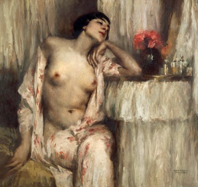 Figura a meio comprimento de uma mulher na sua toilette (óleo sobre tela) de Gian Emilio Malerba