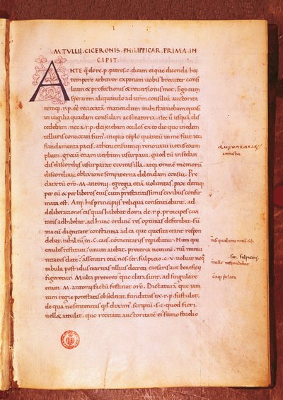 Apógrafo de Marcus Tullius Cicero (caneta e tinta em velino) de Gian Francesco Poggio Bracciolini