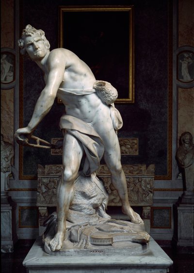 David atirando a Pedra da Escultura Barroca de Sling, feita por Gian Lorenzo Bernini dit Le Bernin (1598-1680) de Gian Lorenzo Bernini