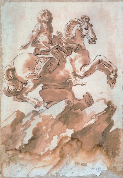 Esboço para Luís XIV a cavalo por Gian Lorenzo Bernini (1598-1680), desenhando com caneta e tinta de Gian Lorenzo Bernini