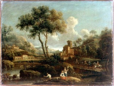 Uma paisagem fluvial arborizada com viajantes de Gianbattista Cimaroli