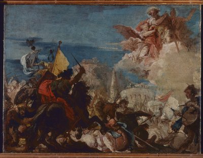 Os Santos Faustinus e Jovita aparecem em defesa de Brescia sob ataque de Niccolò Piccinino em 1438 de Giovanni Domenico Tiepolo