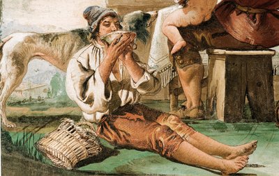 Detalhe da família camponesa na mesa, da sala de cenas rústicas, na Foresteria, 1757 de Giovanni Domenico Tiepolo