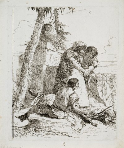 Mago, apontando uma cabeça ardente para dois jovens, c. 1740s de Giovanni Domenico Tiepolo