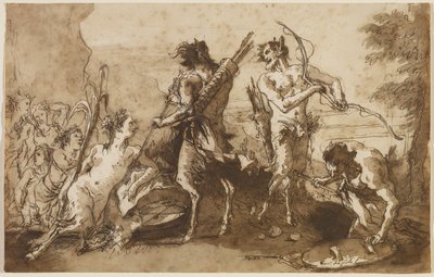 Sátiros e Satyresses em uma paisagem, c.1770 (caneta e tinta de fel de ferro com lavagens marrons e cinzas sobre papel) de Giovanni Domenico Tiepolo