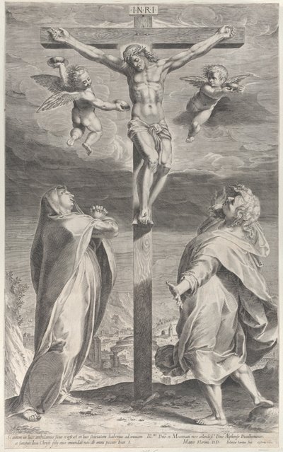 Crucificação com a Virgem Maria e São João Evangelista, anjos no alto, ca. 1593., c. 1593 de Gijsbert Van Veen