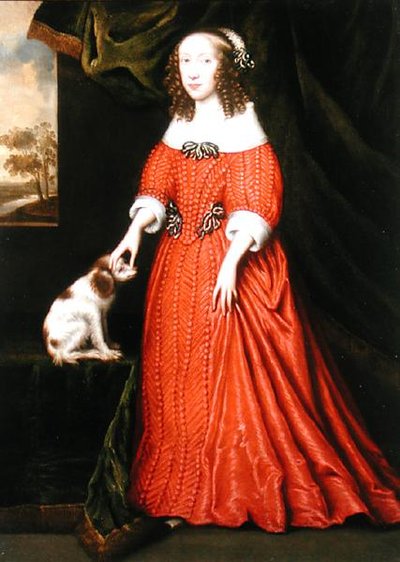 Retrato de uma Jovem Dama de vestido vermelho com um Spaniel de estimação (óleo sobre tela) de Gilbert (attr.to) Jackson