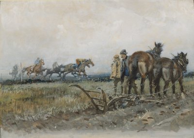 Cavalos de corrida no exercício assistido por lavradores (wc e guache a bordo) de Gilbert Holiday
