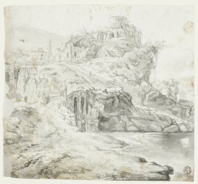 Promontório rochoso com ruínas e cascatas (frente); esboço de falésia com edifícios (verso) de Giles Edme Petit