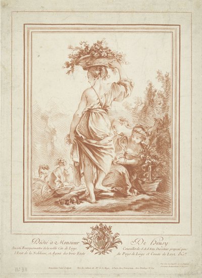 Mulher com cesto de flores no jardim de Gilles Demarteau