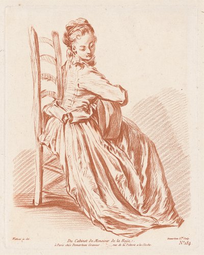 Mulher tocando guitarra de Gilles Demarteau, the Elder, Antoine Watteau