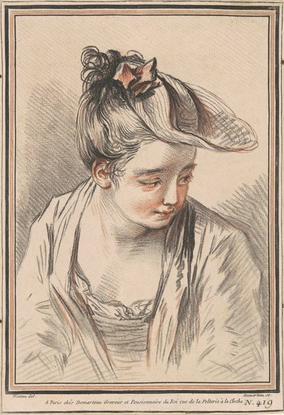 Head of a Young Woman Wearing a Hat de Gilles Demarteau the Elder after Antoine Watteau