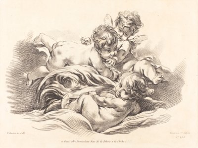 Três querubins brincando no golfinho como onda de Gilles Demarteau, the Elder after François Boucher