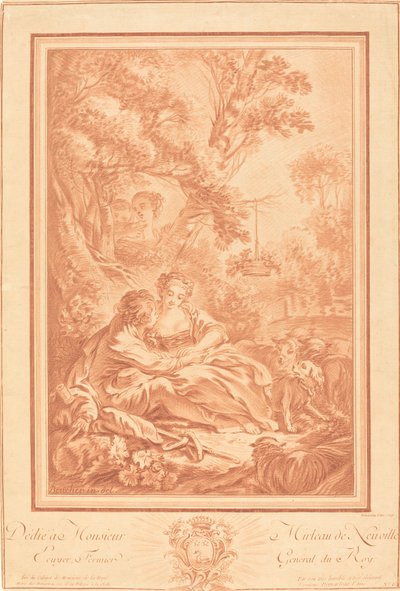Dois amantes sentados ao pé de uma grande árvore, surpreendidos por duas garotas de Gilles Demarteau, the Elder after François Boucher