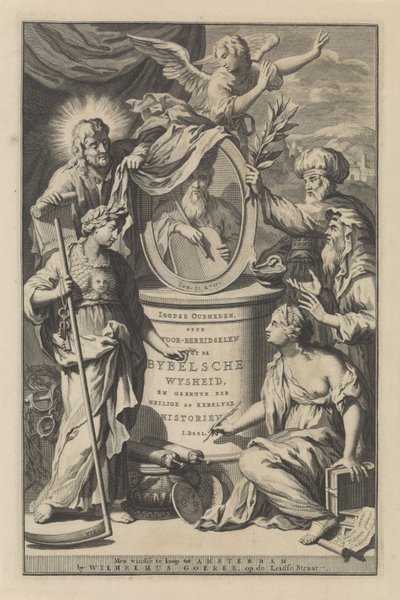 Figuras bíblicas revelam o retrato de Moisés
Página de título de Wilhelmus Goeree, Voor-bereidselen tot de bybelsche wysheid, en gebruik der heilige en kerklijke historien, 1690 de Gilliam van der Gouwen