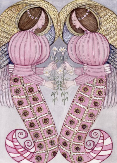Dois anjos segurando lírios de tigre, 1995 (wc) de Gillian Lawson
