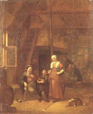 O interior de uma pousada com um homem a pagar a uma mulher que serve. de Gillis de Winter