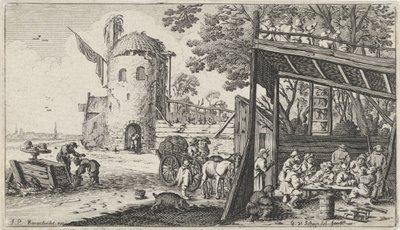 Agricultores em redor de uma mesa num celeiro (o Gosto)
Paisagens com os cinco sentidos (título da série) de Gillis van Scheyndel (I)