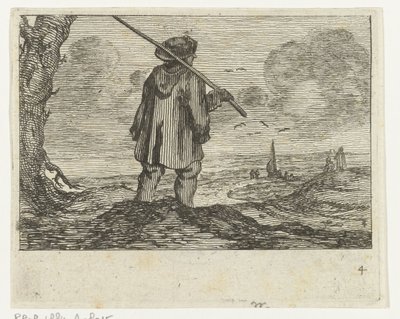 Paisagem dunar com um homem com um bastão no ombro
Verscheyden Beaches and water views by Jan Percelles (título da série) de Gillis van Scheyndel (I)